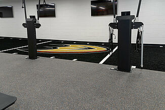Anaheim Ducks Training Facility - Machines and REGUPOL Flooring Multipurpose athletic weight training machines allow for a variety of athletic activities be performed in one area. The machines rest on REGUPOL aktivpro roll flooring and seamlessly transitions into the customized turf area.