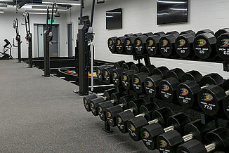 Anaheim Ducks Training Facility - Dumbbell Rack on REGUPOL aktivpro roll View of the dumbell rack and multipurpose cable machines in the Anaheim Ducks training facility. The equipment and racks are positioned on REGUPOL aktivpro roll flooring.