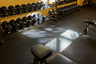 View of the dumbbell rack and benches resting on REGUPOL aktivpro roll flooring. The flooring is featured in the color "Gray Hound".