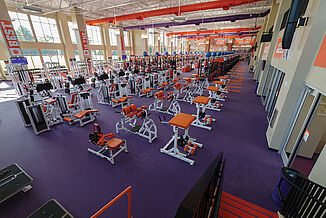 Aerial view of Clemson weight room display a variety of machines for athletes.