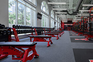 Up close view of Power Lift benches and free weights offered to athletes in the Texas Tech Olympic performance center.