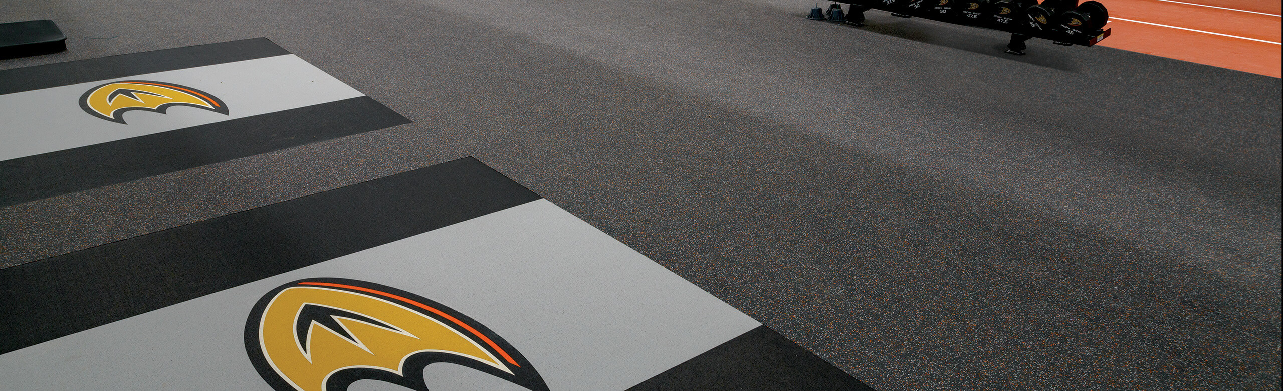 Anaheim Ducks Training Facility - Weight Training The Anaheim Ducks training facility features REGUPOL aktivpro roll, aktiv and crash flooring that promotes maximum durability. The Ducks logo is seamlessly inlaid into the flooring.