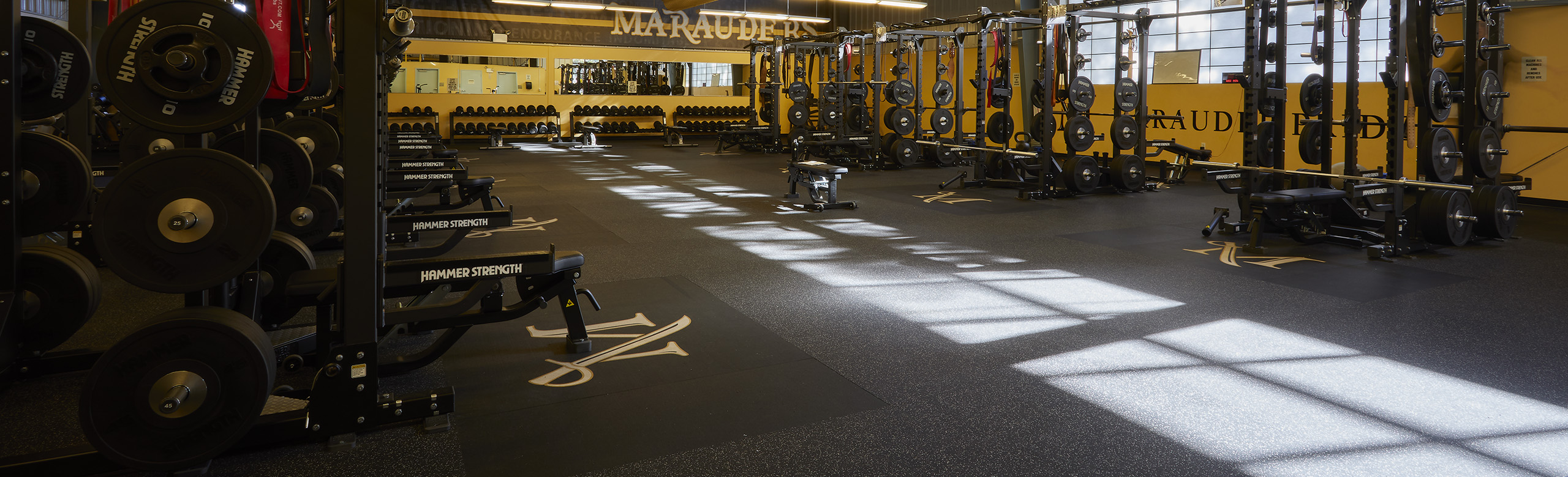 View of the Millersville strength center offered to athletes to continue improving their athletic performance. A number of weight racks are available to athletes, allowing for a variety of exercises to be performed. REGUPOL aktivpro roll flooring is featured throughout the facility.