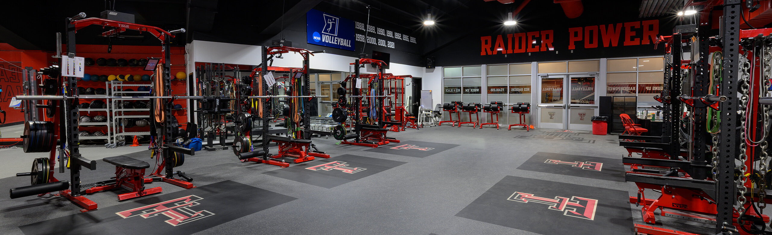 Texas Tech Volleyball upgraded their strength training area at the United Supermarkets Arena with a number of weight training racks.